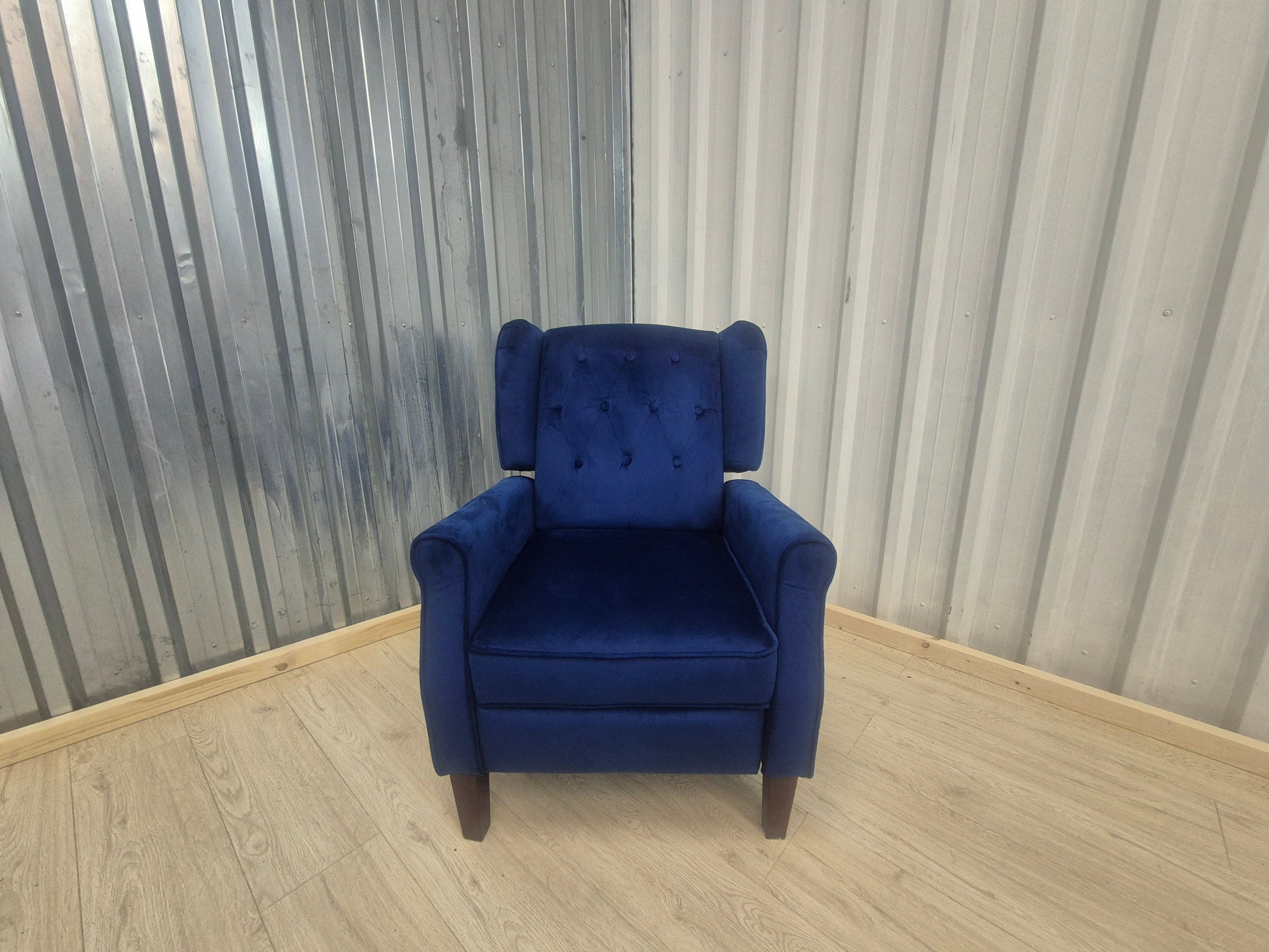 Marianna Blue Velvet Manual Recliner Wingback Chair
