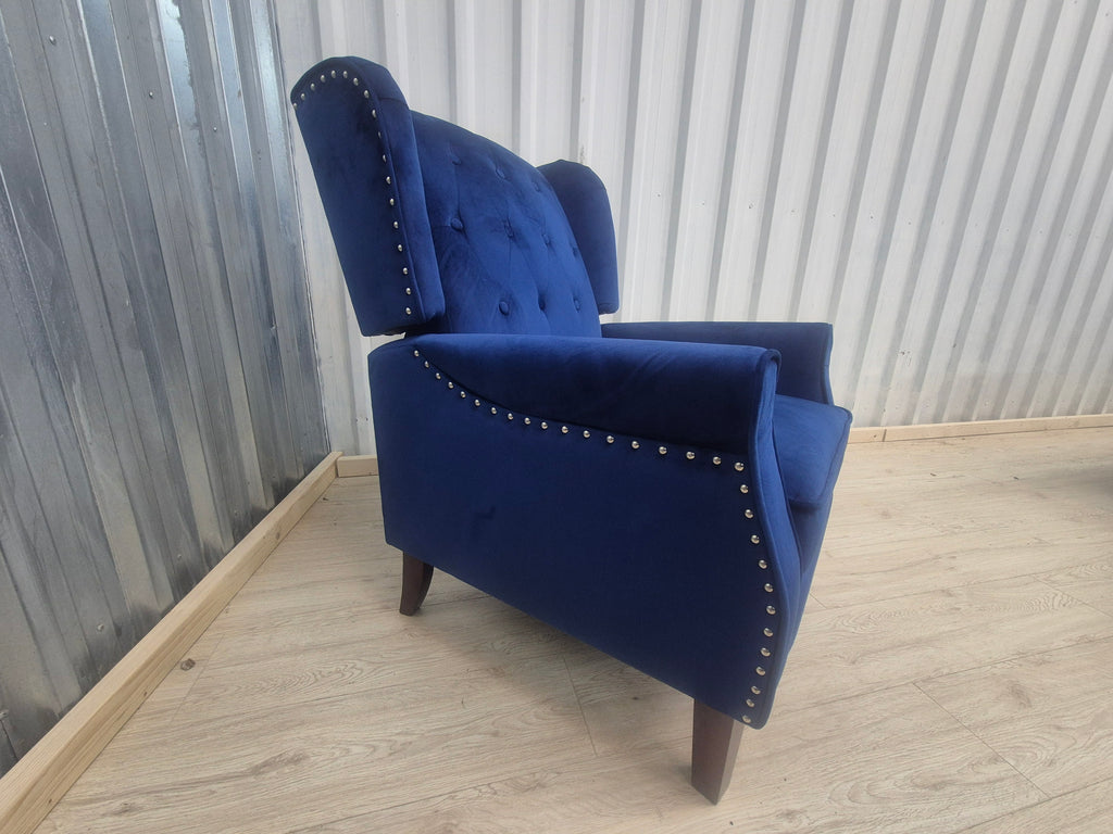 Marianna Blue Velvet Manual Recliner Wingback Chair
