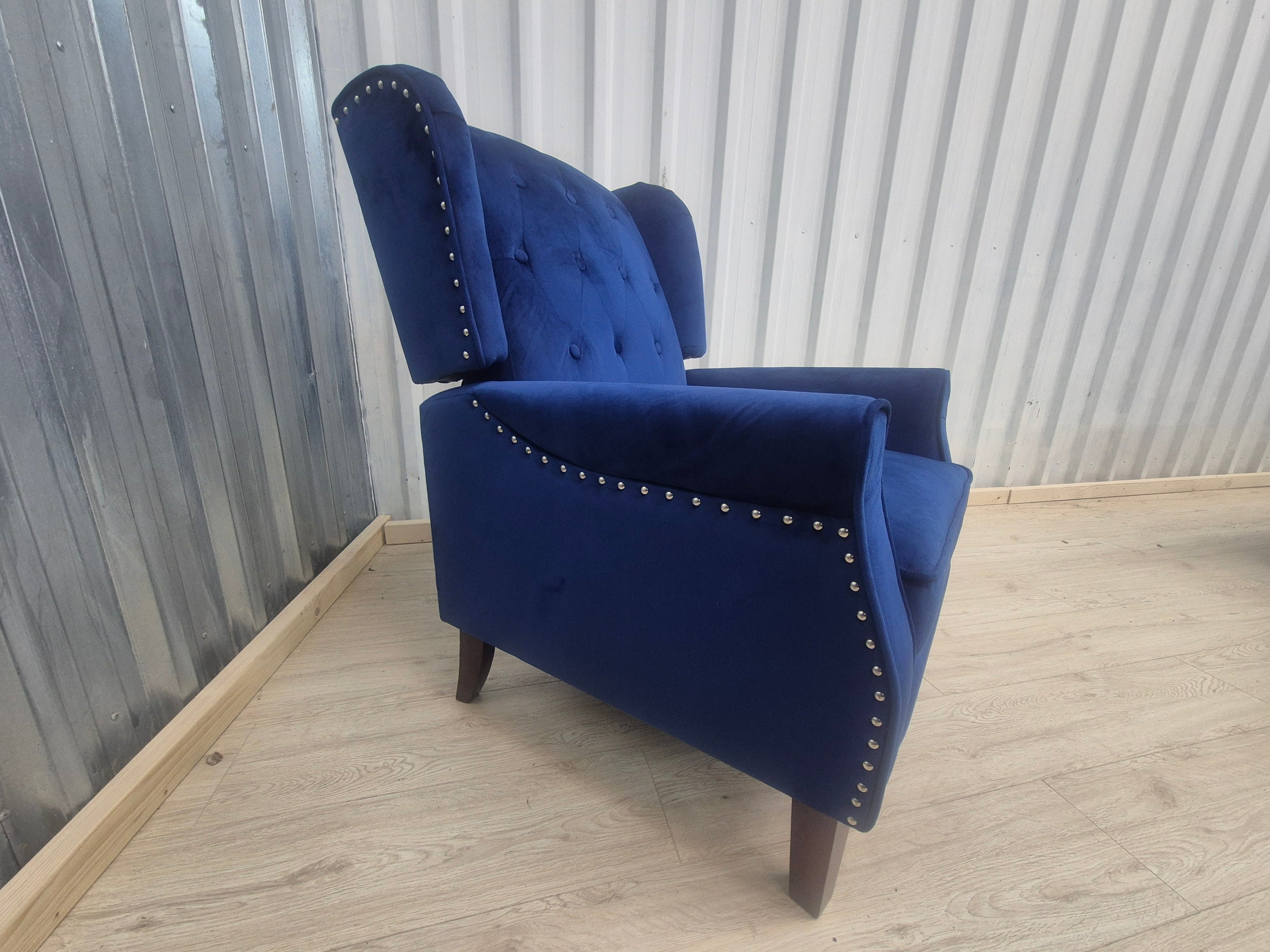 Marianna Blue Velvet Manual Recliner Wingback Chair
