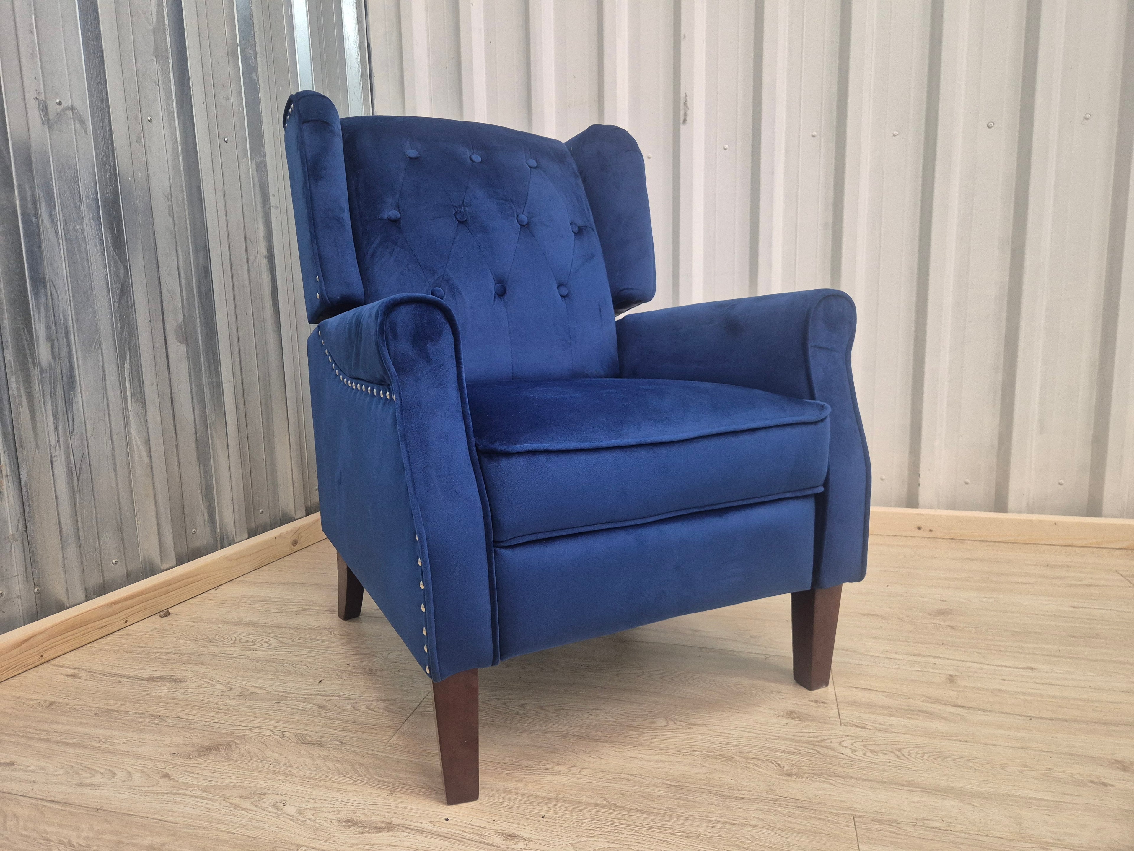 Marianna Blue Velvet Manual Recliner Wingback Chair