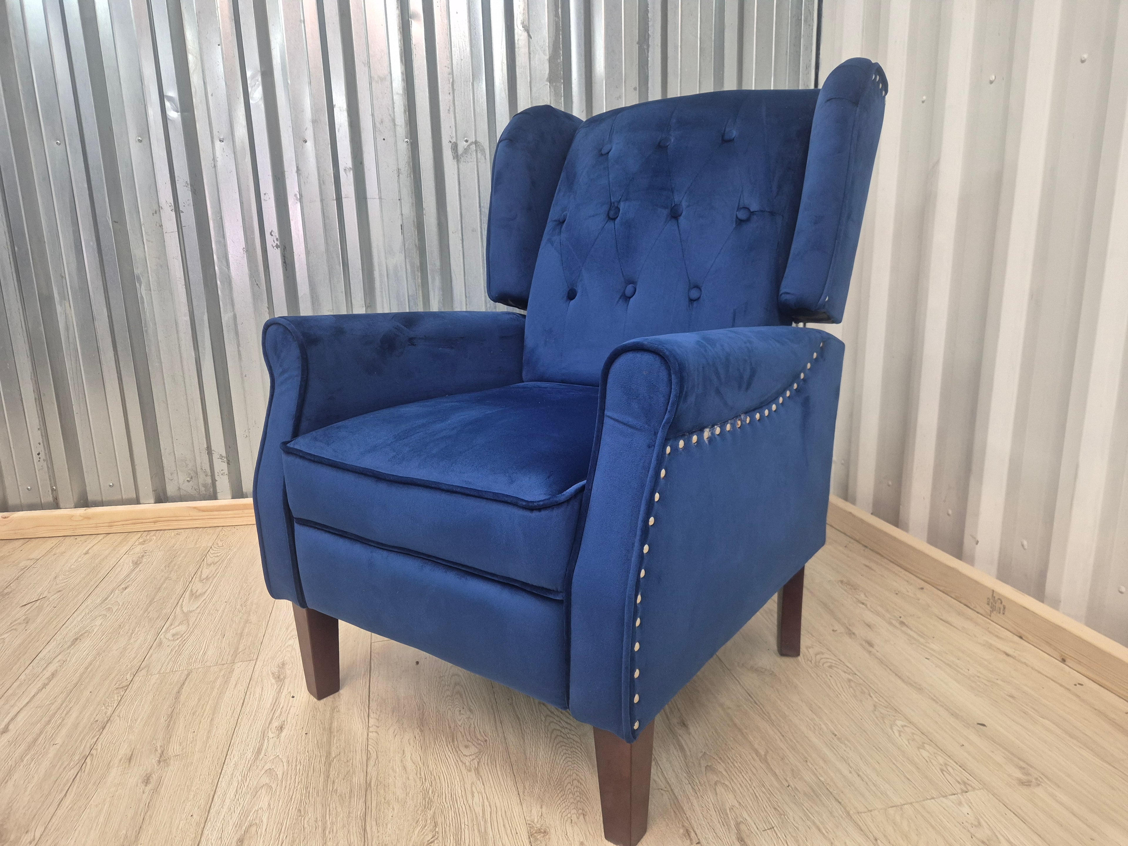 Marianna Blue Velvet Manual Recliner Wingback Chair