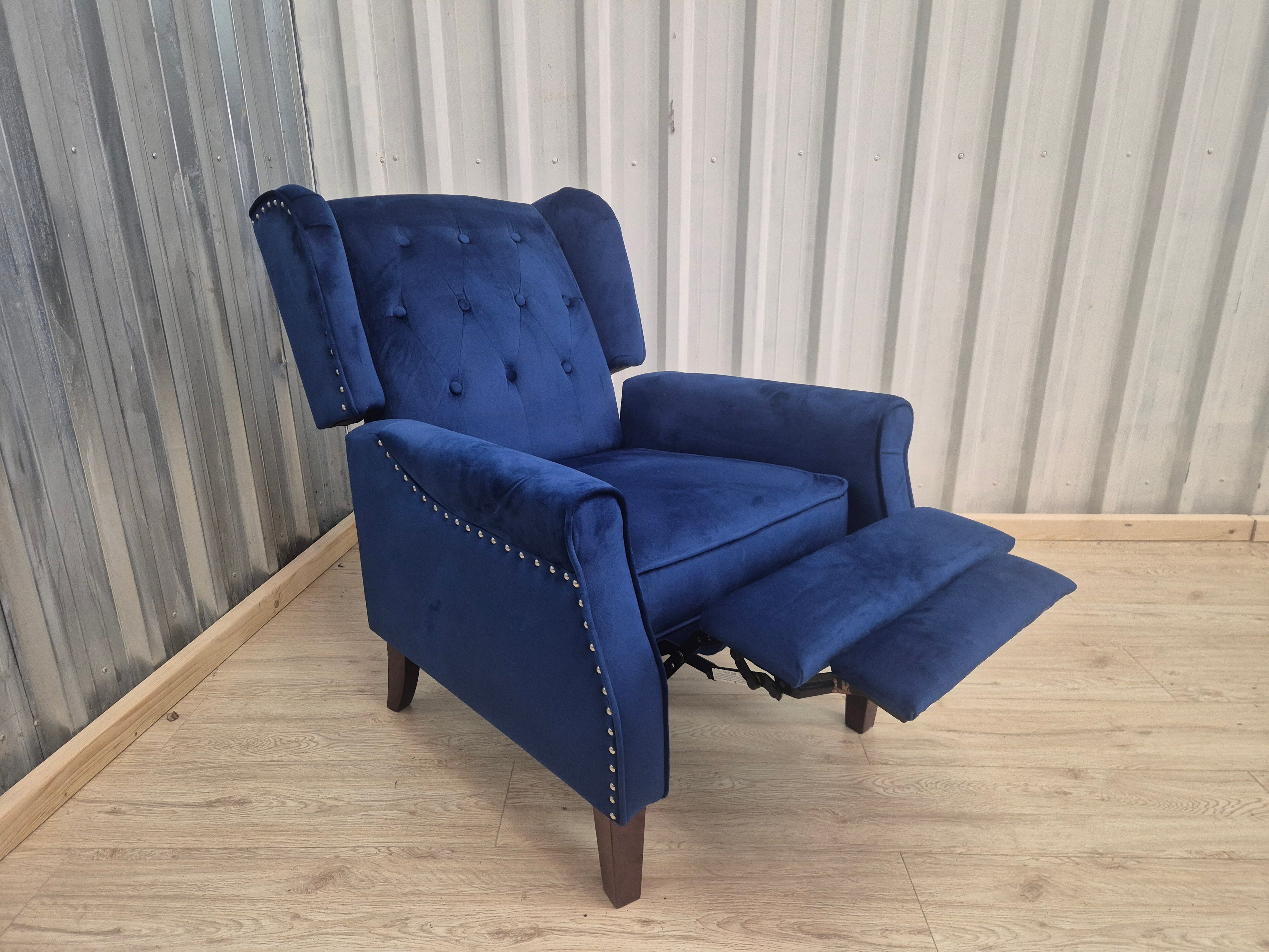 Marianna Blue Velvet Manual Recliner Wingback Chair