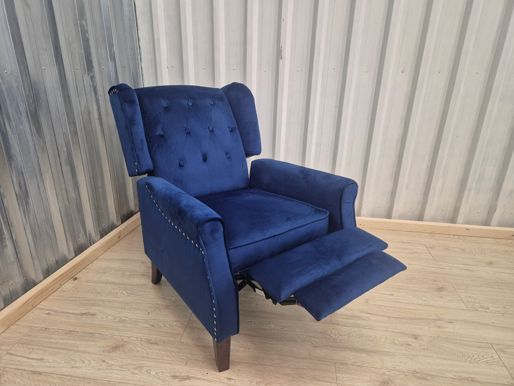 Marianna Blue Velvet Manual Recliner Wingback Chair