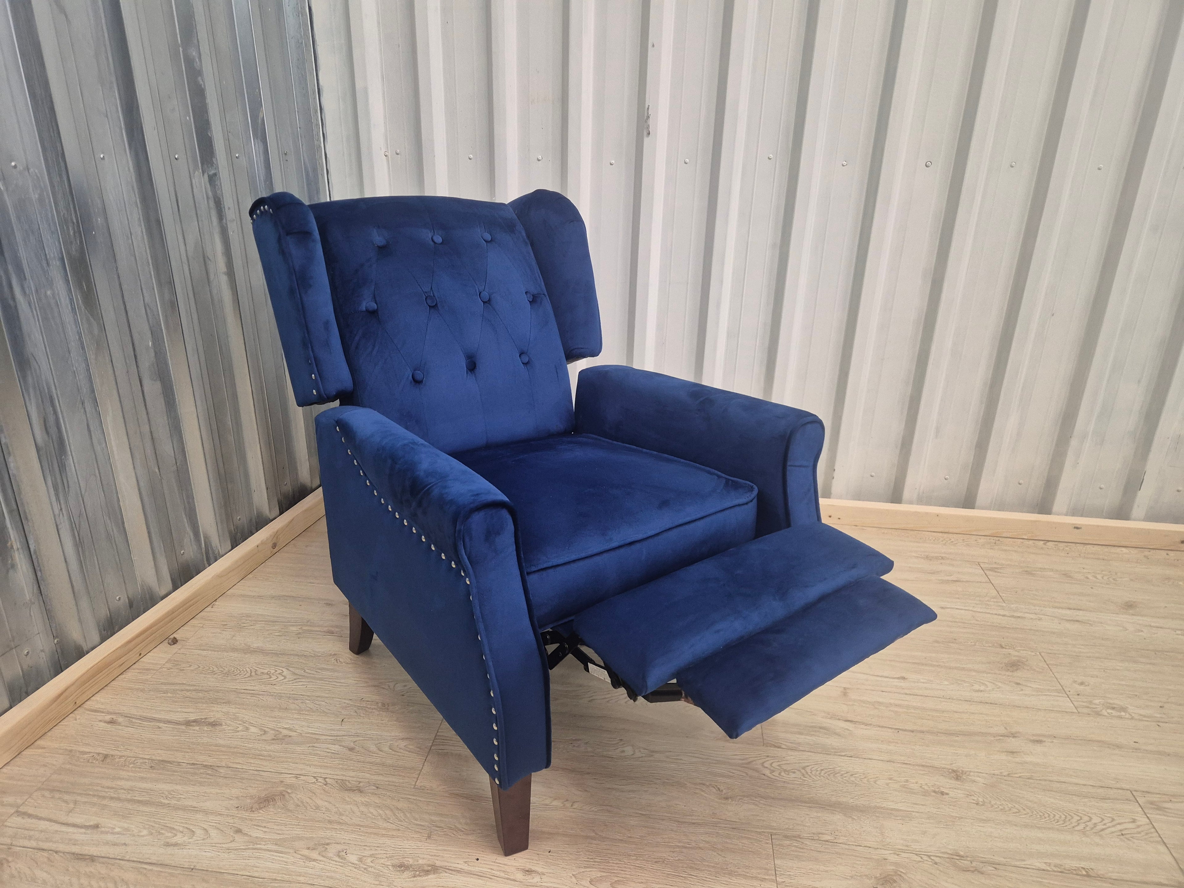 Marianna Blue Velvet Manual Recliner Wingback Chair