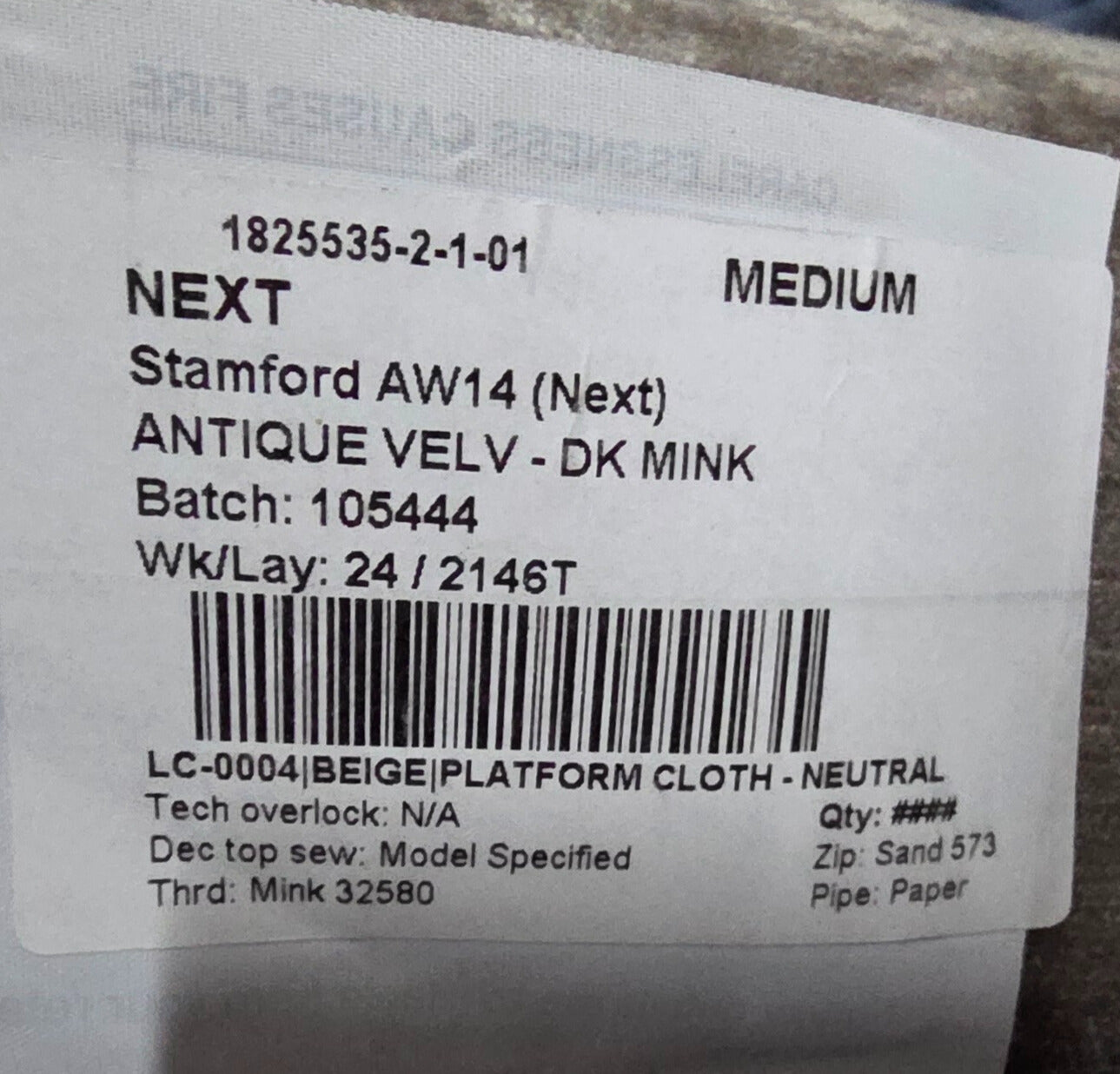 Next Stamford Medium Sofa in Antique Velvet in Mink