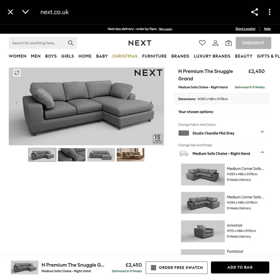 Next Mid-Grey Right Hand Facing Chaise