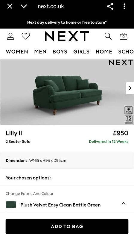 Next Lilly Green Velvet  Sofa