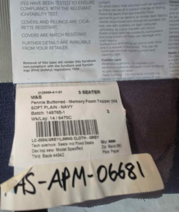 M&S Pennie Buttoned Memory Foam Topper Sofa – 3 Seater (Navy)