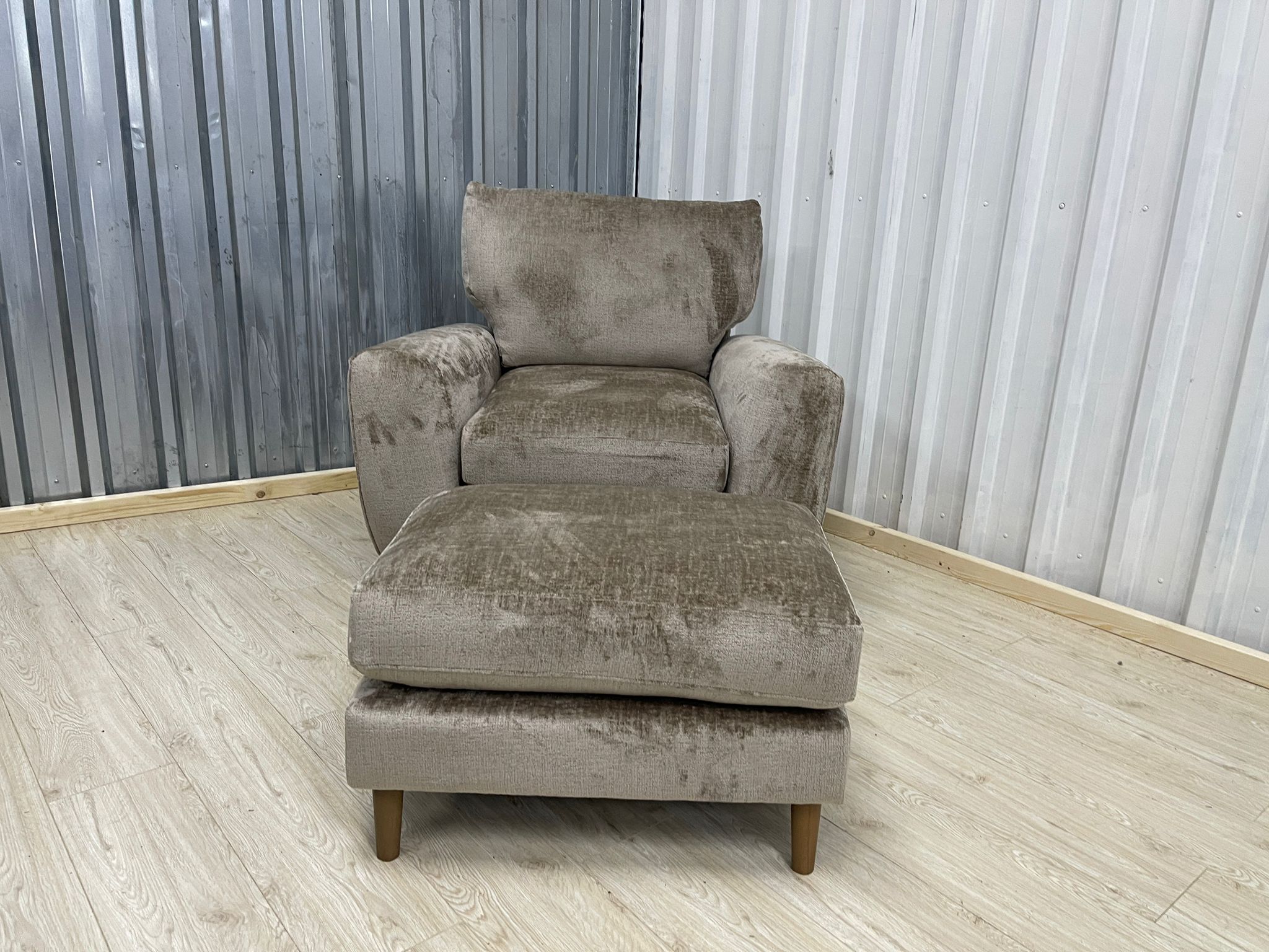 Next Campbell Armchair + Footstool  Plush Chenille Mid Natural