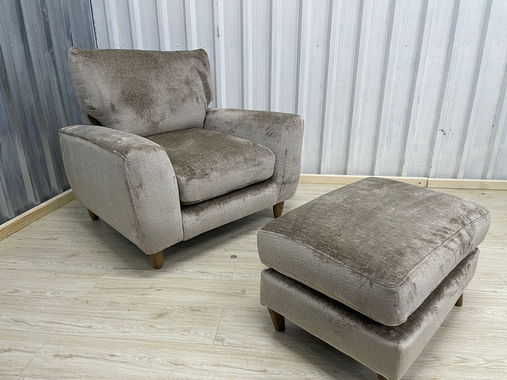 Next Campbell Armchair + Footstool  Plush Chenille Mid Natural