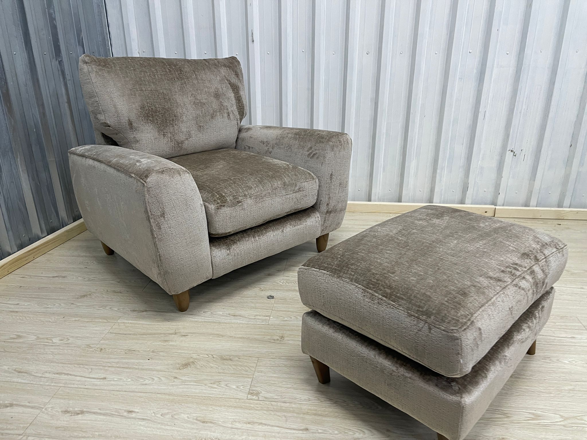 Next Campbell Armchair + Footstool  Plush Chenille Mid Natural