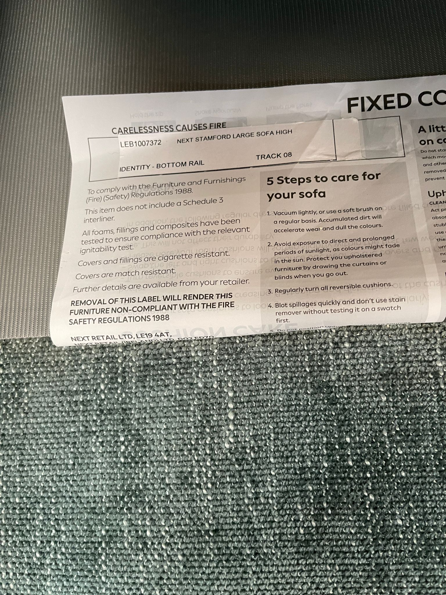 Next Stamford Chunky Chenille Light Teal Green 3 Seater