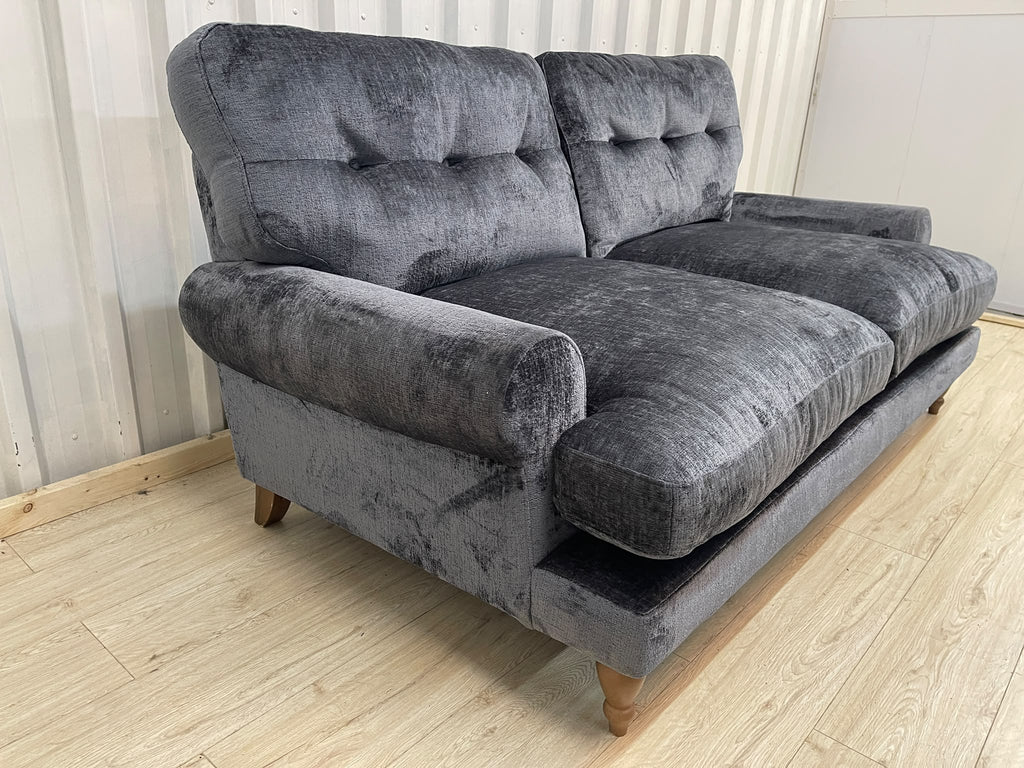Next Erin Buttoned Back Deep Relaxed Plush Chenille Slate Blue 3 Seater Small Sofa