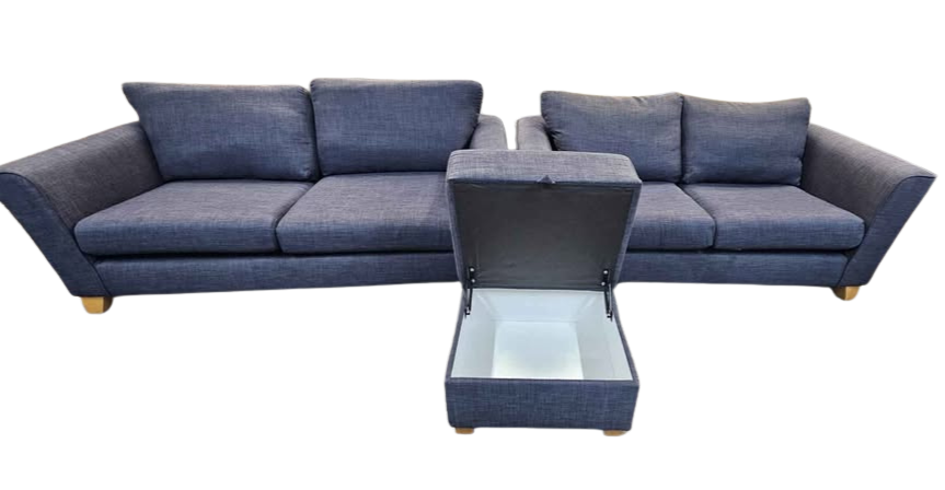 Sofology Navy Blue Sofa Set – 2 Seater + 3 Seater + Storage Footstool