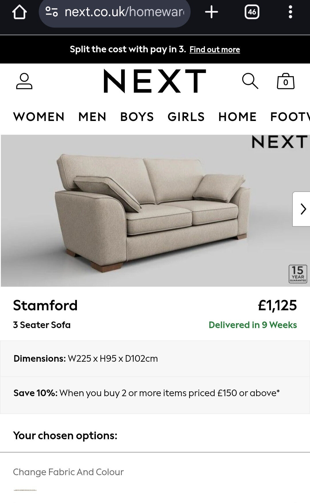 Next Stamford Neutral Three Seater